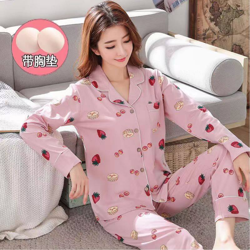 El traje de gama alta se puede usar fuera 100% pijamas de algodón para mujer primavera y otoño con almohadilla en el pecho manga larga ropa de confinamiento casual ropa para el hogar
