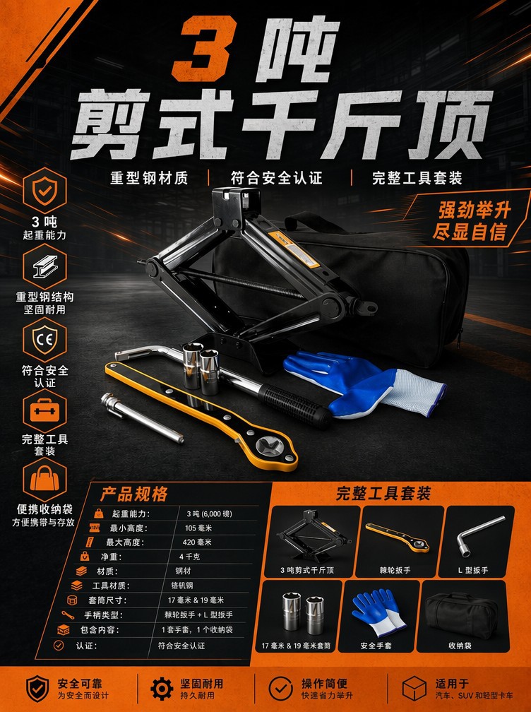 New heavy-duty 3-ton car scissor jack 0kg tire changing tool set, labor-saving telescopic tire wrench 0kg