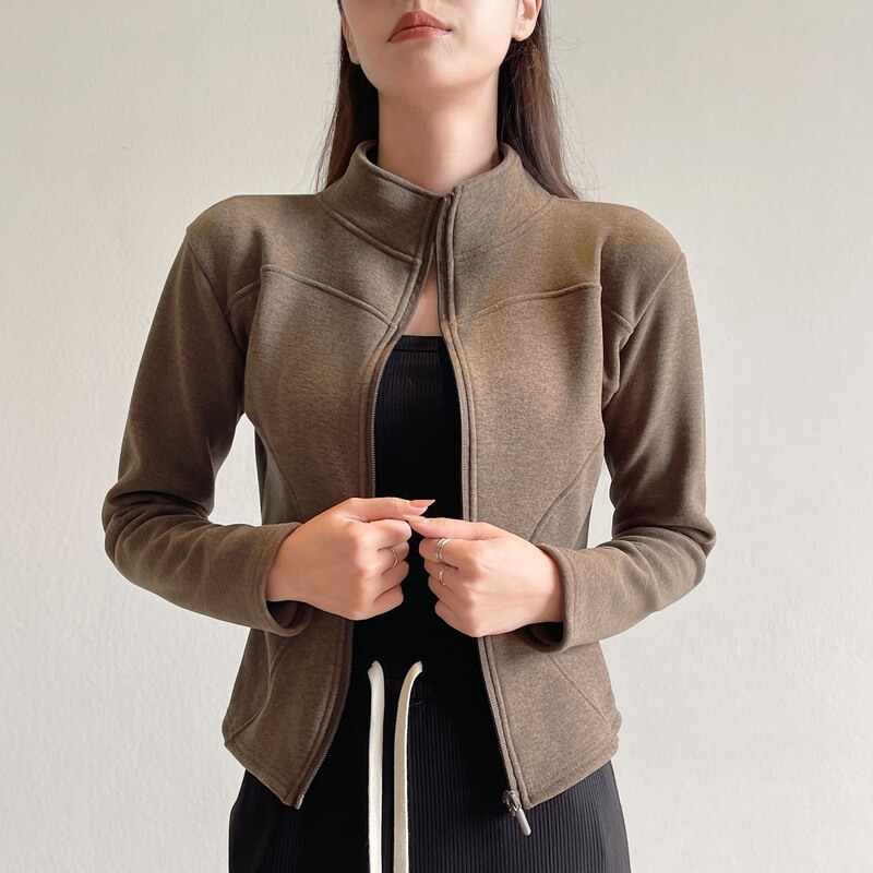 H570 Stand Collar Short Outwear Cashmere Sweatshirt Women's Autumn and Winter Outer Wear Slim Fit Fleece-Lined Thickeneded Warm Yoga Top