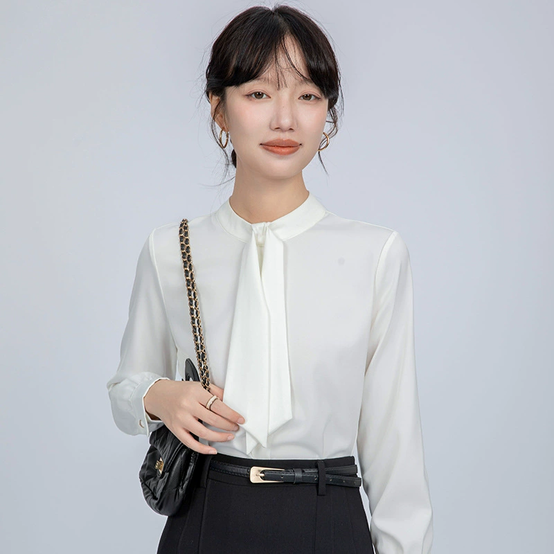 Реальный ремень с длинными рукавами атласная белая рубашка женская осень 2024 новая поездка на профессиональное интервью