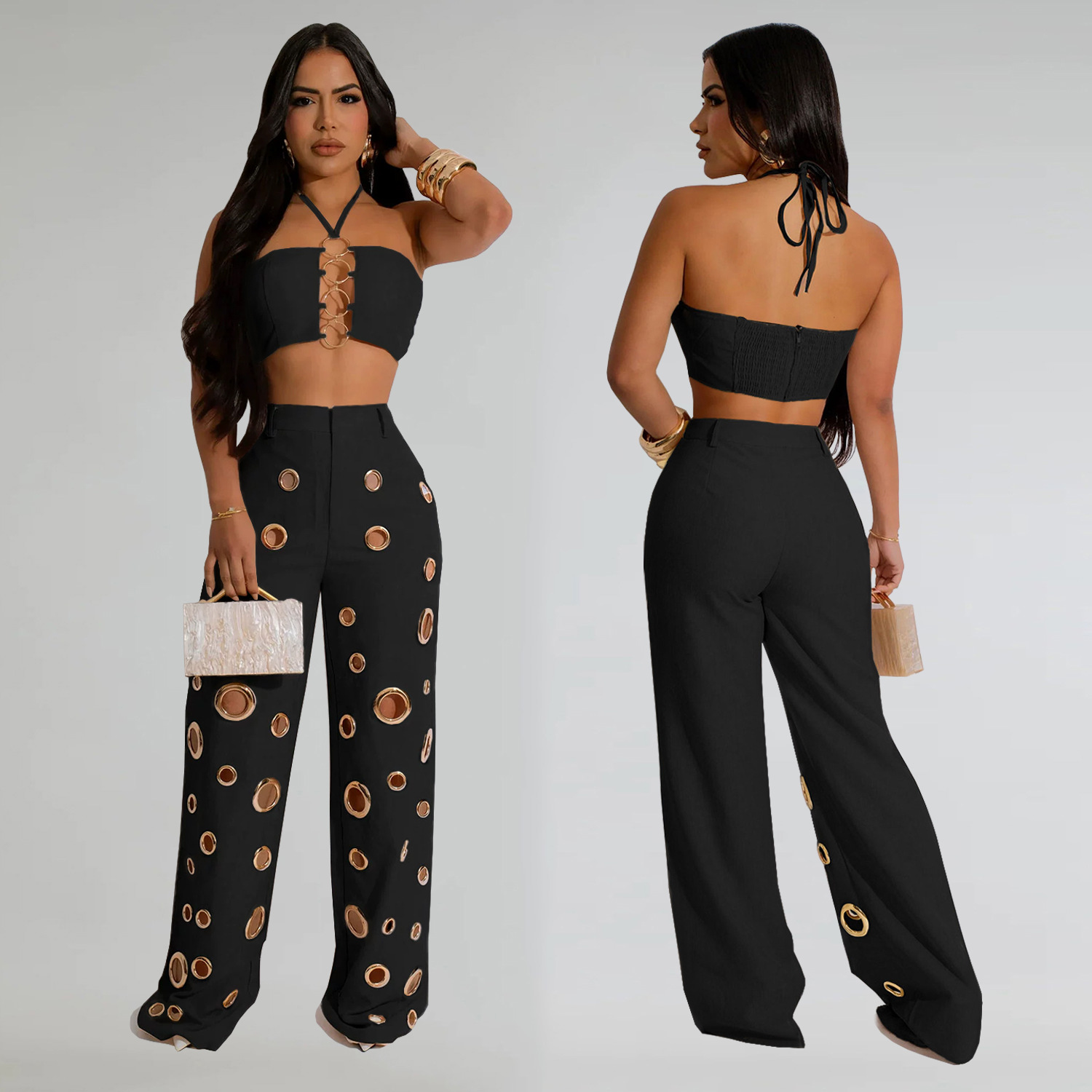 C7313 Cross-border AliExpress Amazon Moda europea y americana Pantalones de dos piezas con hebilla de metal de callos sexy para mujer Nuevo image 4