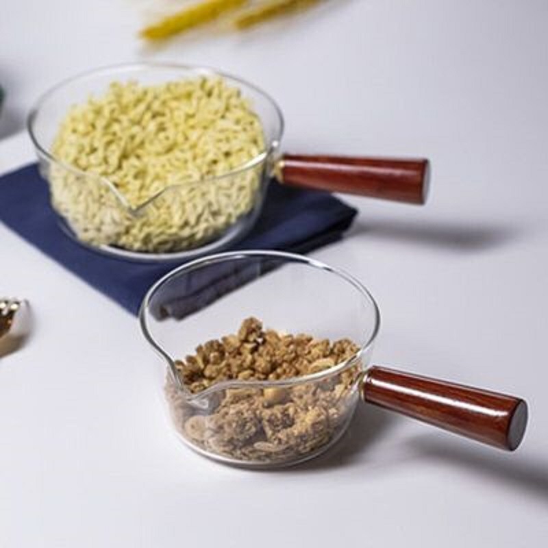 Olla de leche de vidrio resistente al calor mango de madera lateral transparente ramen tazón de fideos instantáneos Hogar Japonés ensalada de agua caliente vajilla