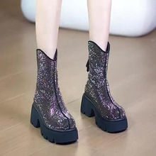 厚粗跟跟短靴女丁靴2025秋冬新马款韩版水底钻口型高圆头瘦瘦靴