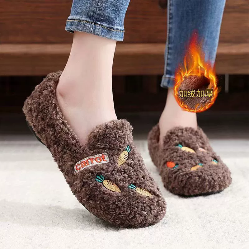 Зимняя 2024 новая плюшевая меховая обувь женская нескользящая мягкая подошва толстая плоская фасоль хлопковая обувь