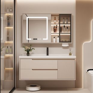 Simple Bathroom Cabinet Bathroom Cream Style Intelligent Wall Cabinet Floor Cabinet Wash Table Ceramic All-in-One Basin