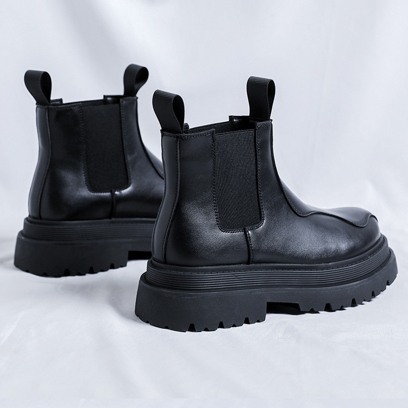 Black Leather Chukka Boots For Men, Trendy Raised Sole Footwear_voghion.com