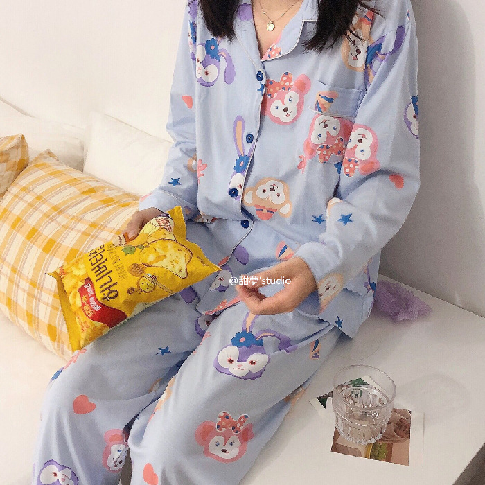 Primavera y otoño pijamas de las mujeres lindo simple traje fresco estudiante flojo Delgado manga larga cardigan leche seda inicio desgaste