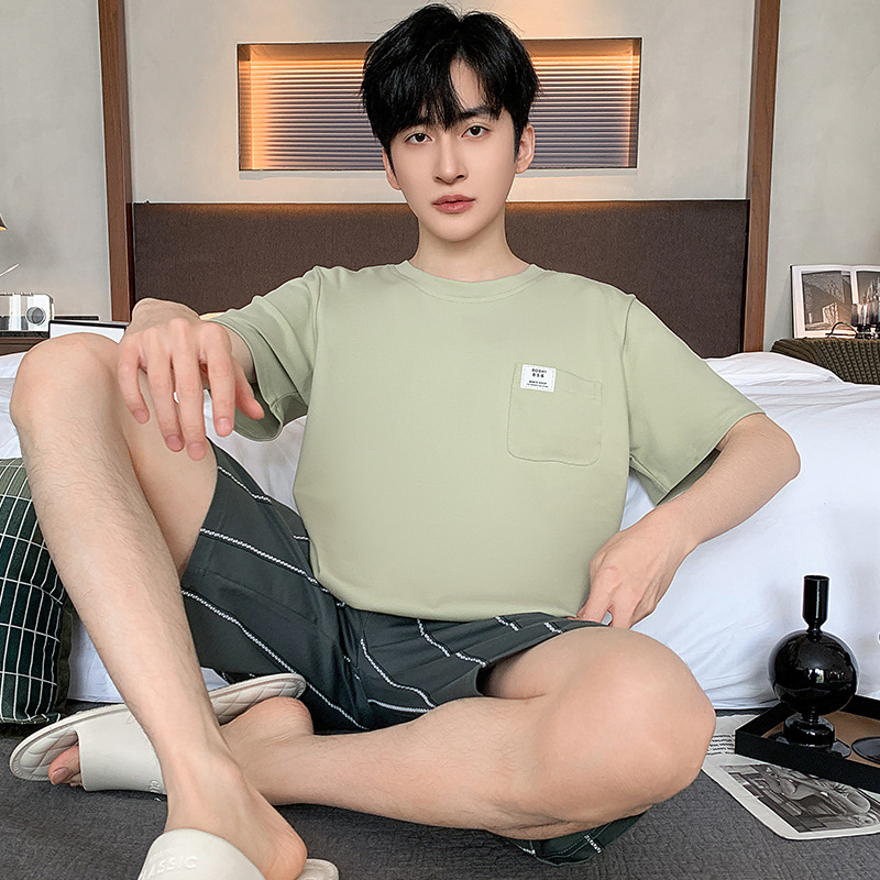 잠옷 남성면 반팔 반바지 풀오버 한국 캐주얼 단순 느슨한 플러스 사이즈 고급 홈웨어 세트