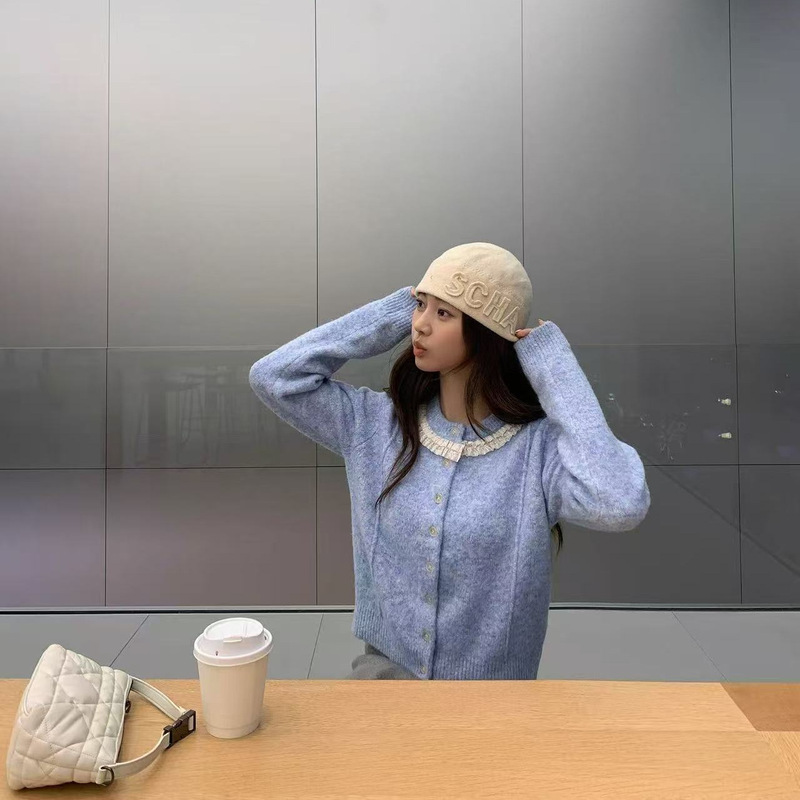 韩系毛衣女甜美清新可爱短款针织开衫简约蕾丝花边领2025早秋新款|undefined