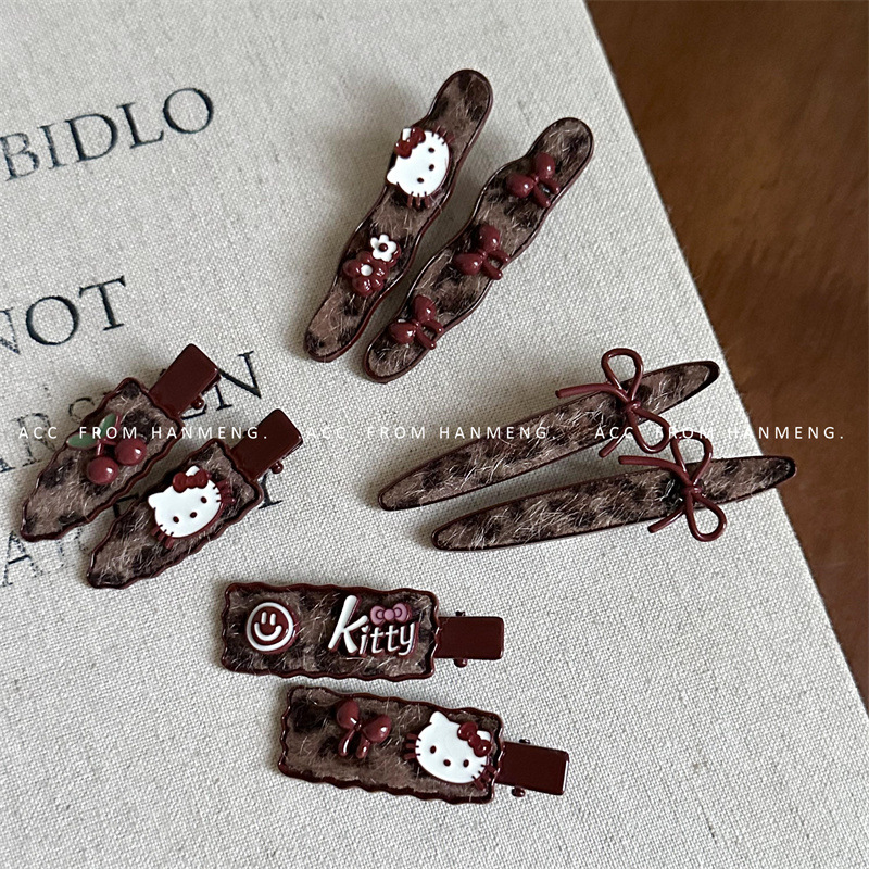 2024 new retro red leopard print kitty bow series barrettes bangs side clip cropped hair clip barrettes headwear for women