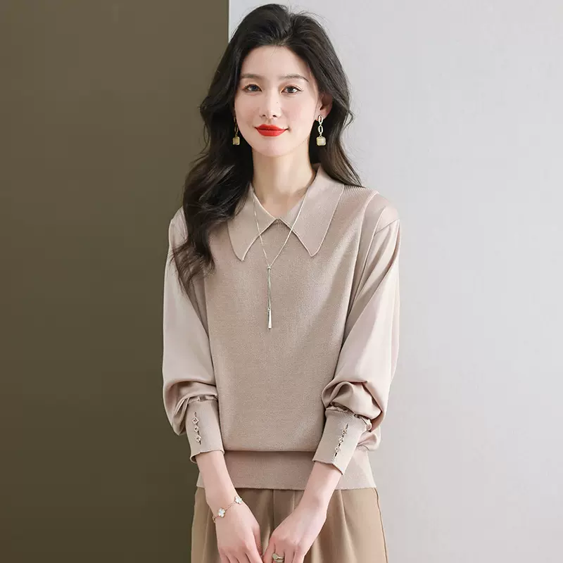 2024年新款早春衬衫拼接打底衫洋气翻领针织衫女薄款长袖上衣春装