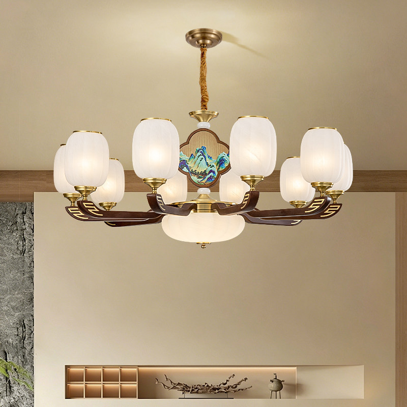 New Chinese-Style Song Dynasty Aesthetics Solid Wood Living Room Chandelier with Elegant Branch-Shaped Glass Lampshade for Dining Room and Bedroom Lighting