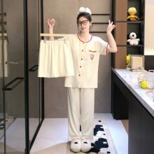 网红少女卡通三件套睡衣带胸垫圆领开衫云朵棉短袖可外穿学生套装