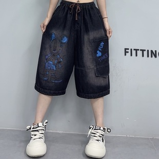 2025 Summer New Vintage Cartoon Mouse Print Pocket Denim Six-point Pants Loose High Waist Lace-up Women