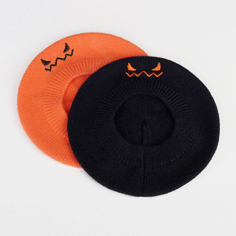 越境ハロウィンかぼちゃ帽子悪魔笑顔刺繍ニット子供秋冬モデル赤ちゃんベレー帽子|undefined