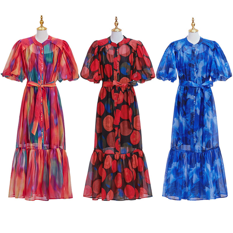 8582 Extended Age-Reducing Versatile Puff Sleeve Mid-Length Shirt Dress 2025 Spring Women's Single-Breasted Printed Lace-Up Dress