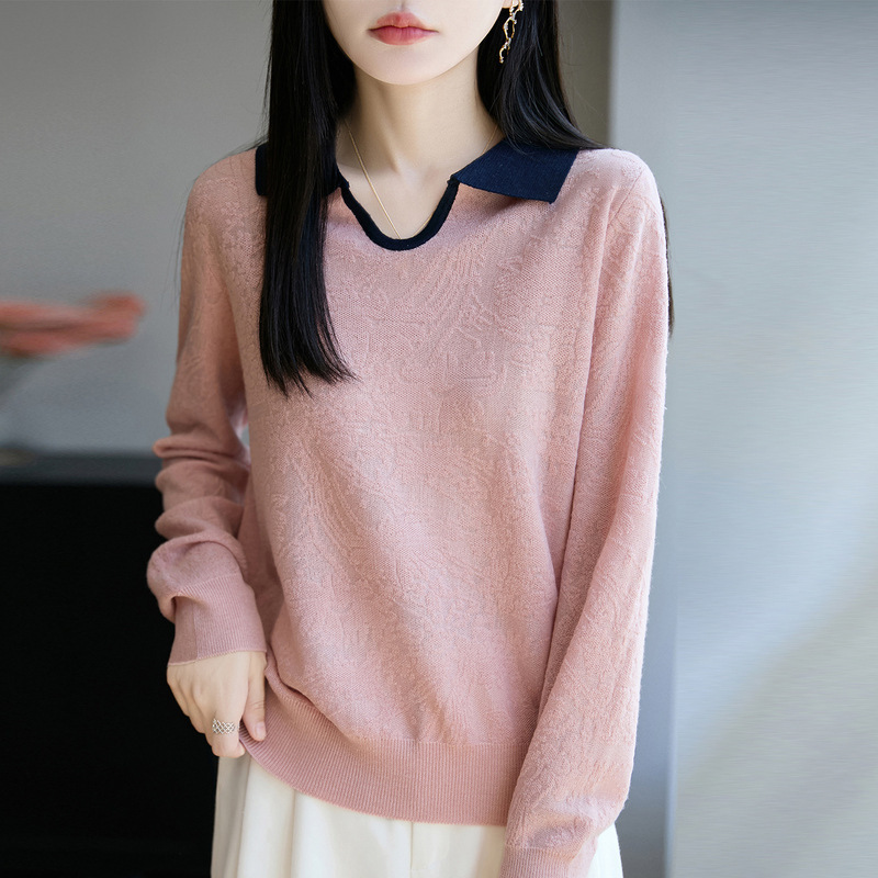 秋装洋气撞色翻领长袖针织衫女上衣2025年秋季新款时尚减龄打底衫|undefined