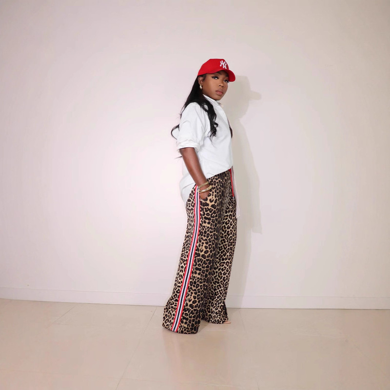 European and American Cross-Border 25 Spring and Summer Fashion Leopard Print Stitching Contrasting Stripes Loose Casual Straight Pants