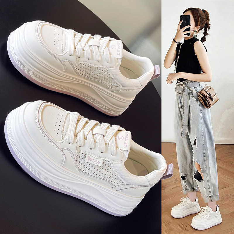 Genuine Leather Woven Hollow Thick-Soled White Shoes for Women 2026 Spring and Summer New Style Versatile Soft-Soled Lightweight Breathable Casual Sneakers