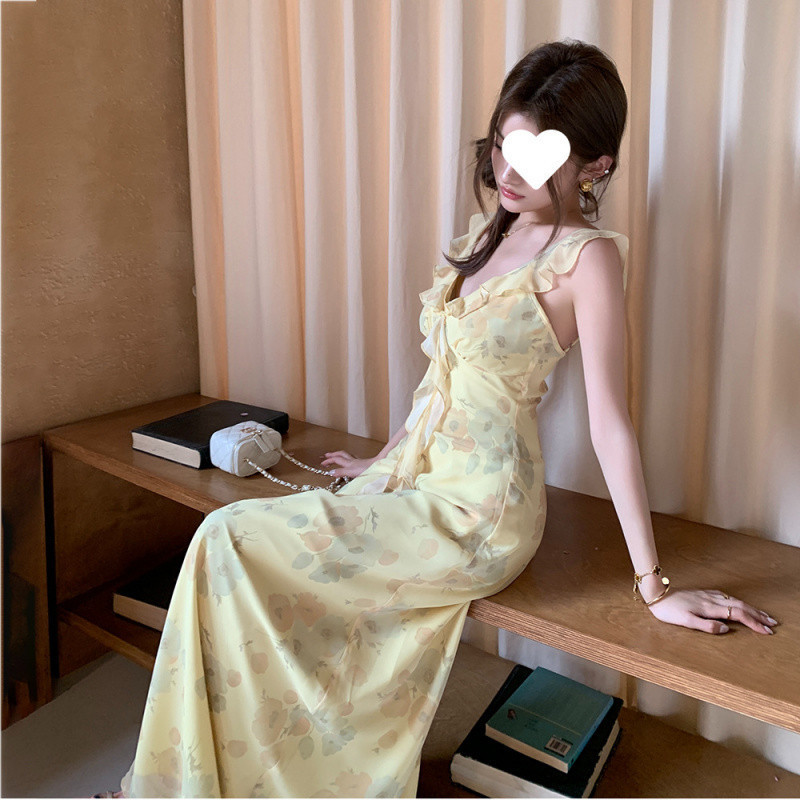 H2V Real Shot 2025 Spring and Summer New Midsummer Garden Cream Yellow French Ruffle Rotating Fairy Dress for Women