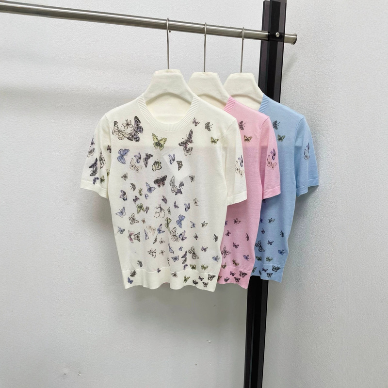 High-End D+26 Summer New Style Printed Butterfly Painting Soft and Skin-Friendly Breathable Short-Sleeve Knit T-Shirt for Women High-End D+26 Summer New Style Printed Butterfly Painting Soft and Skin-Friendly Breathable Short-Sleeve Knit T-Shirt for Women