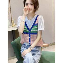 拼接假两件短袖针织衫T恤女休闲小衫上衣欧货2025春夏新款欧洲站