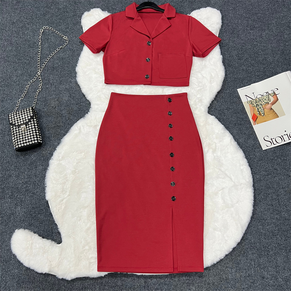Polo Collar Summer Small Suit Short Sleeve Suit Split Skirt Office Women Two-Piece Suit