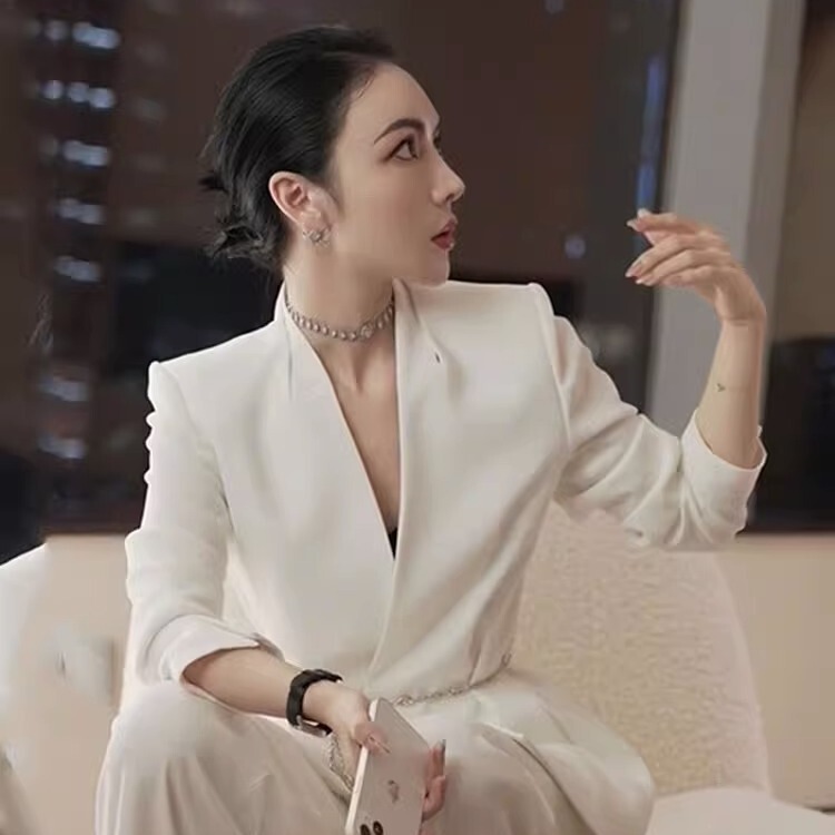 White V Neck High-End Suit Suit for Women 2025 New Spring & Fall Capable Elegant Women's Wide-Leg Pants Two-Piece Set