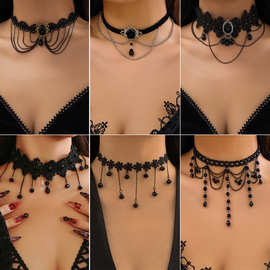 欧美跨境饰品 洛丽塔蕾丝项圈复古choker 黑色哥特风水滴流苏项链