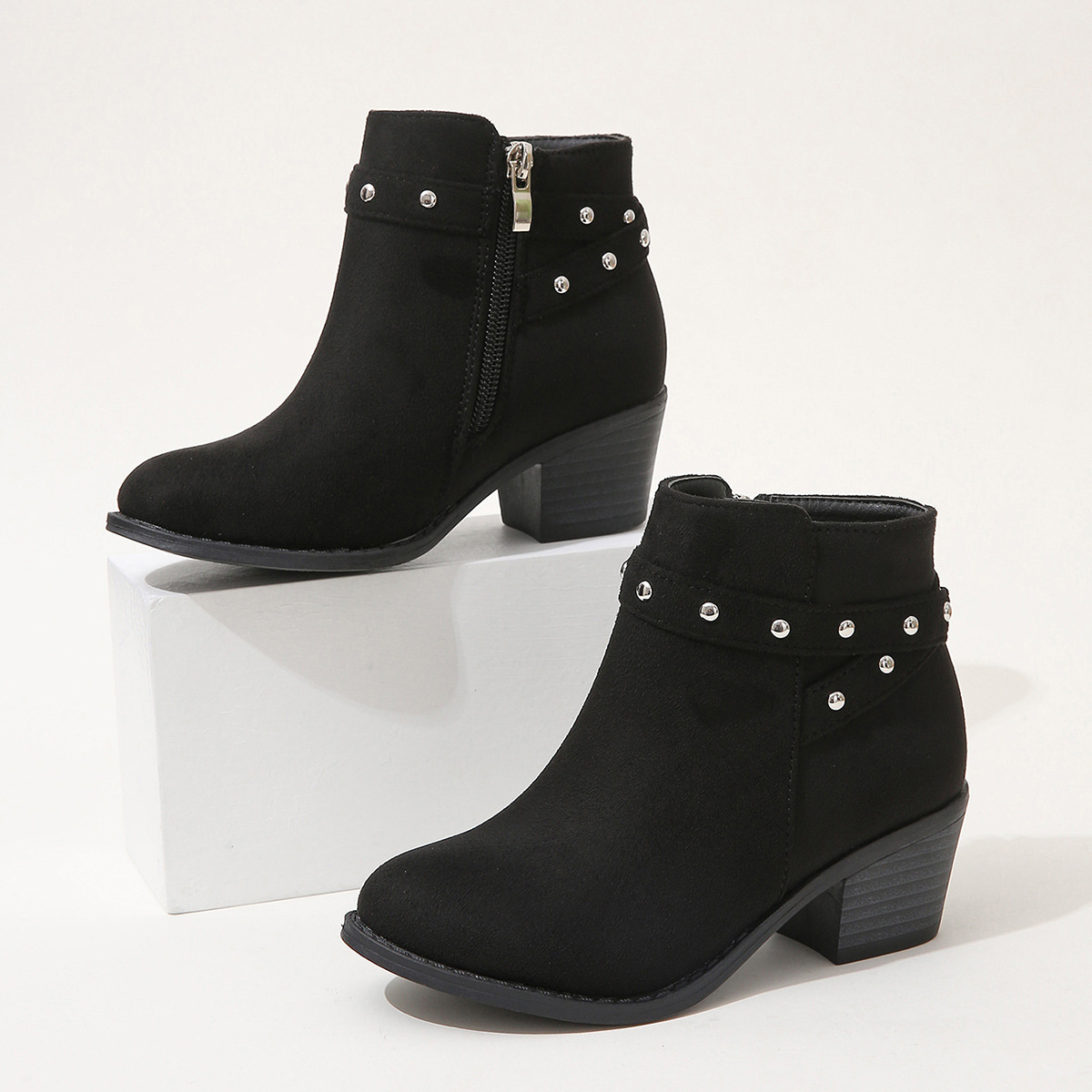 Side zipper black microfiber girls boots rivet metal medium low heel high single boots_voghion.com