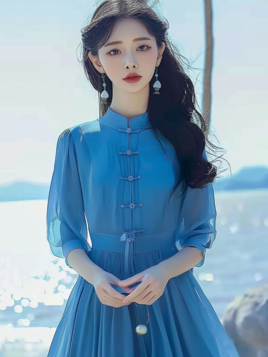 Đầm maxi nữ phong cách Trung Hoa nhẹ nhàng, sườn xám cách tân mùa hè, tay ngắn, thắt eo — Màu xanh lam chi tiết 3