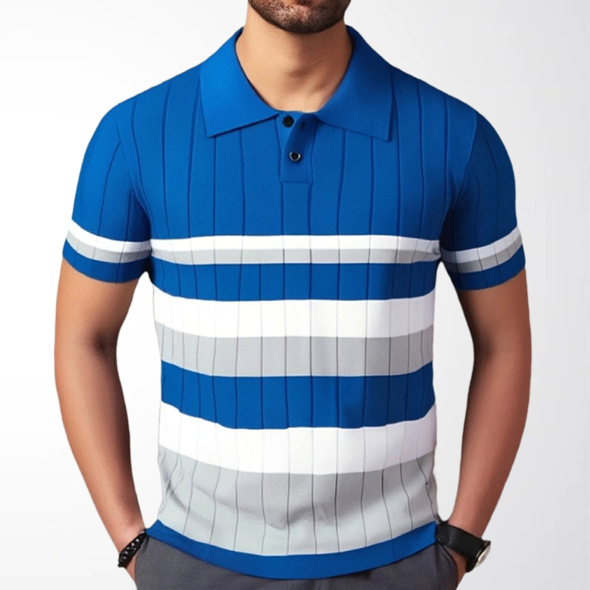 Summer New Men's Ribbed Knit Polo Shirt with Contrasting Stripes Short-Sleeve Top Cross-Border Men's Clothing Supply Sy0152
