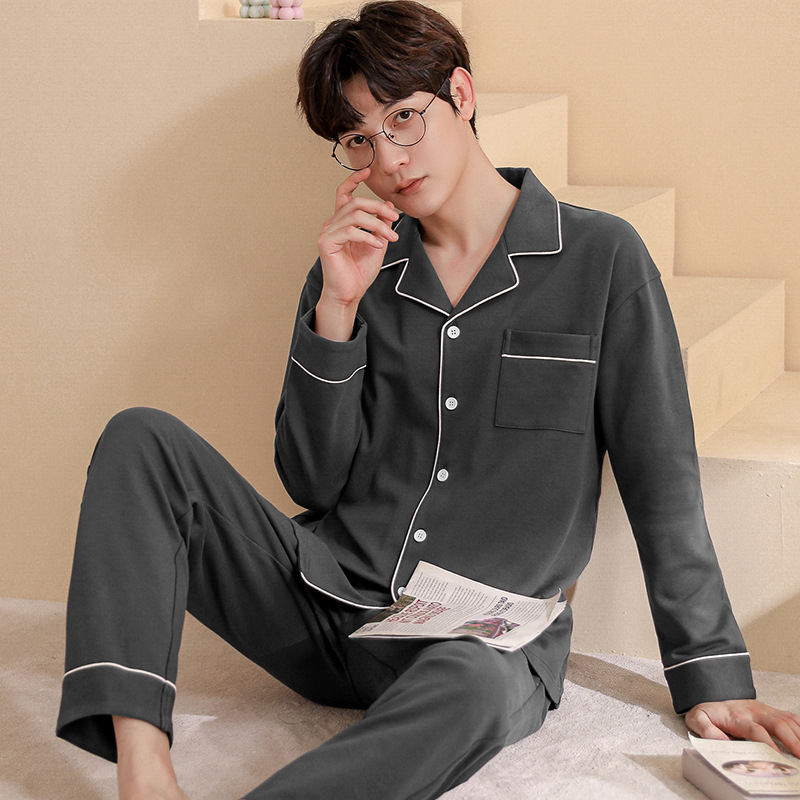 Kişi üçün uzunqol pijama dəsti, yaxalı kardigan, düz rəng