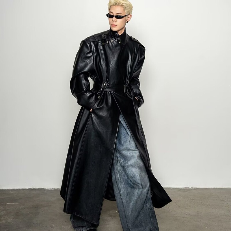 2026 High-End European and American Style Long PU Leather Jacket for Men and Women, New 2026 Hong Kong Style Loose Black Men's Trench Coat 2026 High-End European and American Style Long PU Leather Jacket for Men and Women, New 2026 Hong Kong Style Loose Black Men's Trench Coat