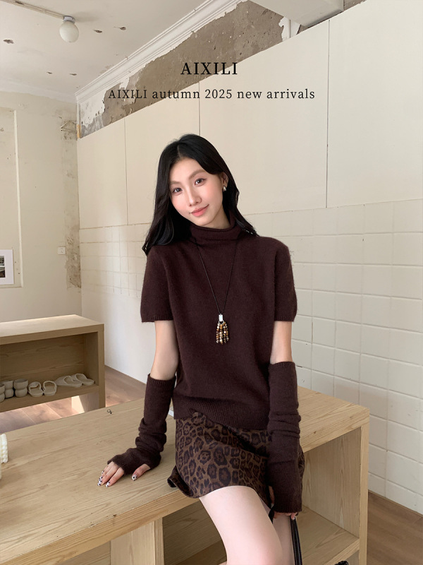 爱西里2025秋简约高级氛围感高领针织短袖上衣内搭毛衣女15367|undefined
