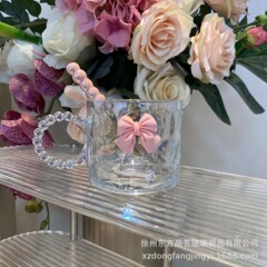 ネットレッドinsハンドルガラスマグカップ家庭用耐熱シンプル蝶ネクタイ透明カップ花カップコーヒーカップ