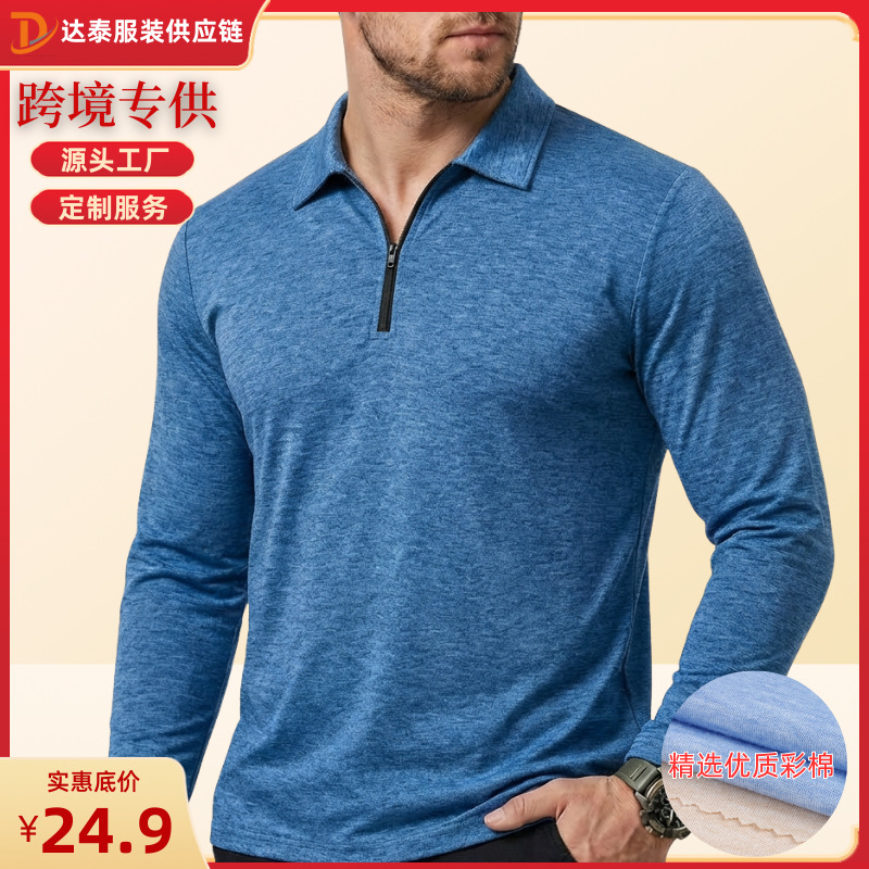 European and American Men's Long-Sleeved Lapel T-Shirts Amazon Temu Men's Polo Shirts Spring and Autumn Export Tops Polos