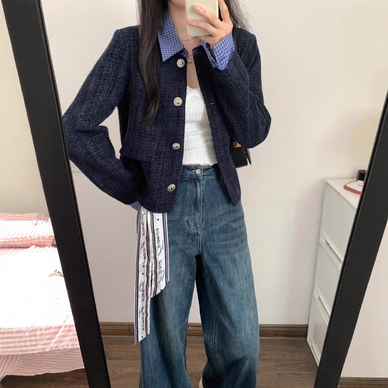 2025秋冬新款小香风时尚藏青色粗花呢正肩拼接外套女显瘦短款开衫|undefined