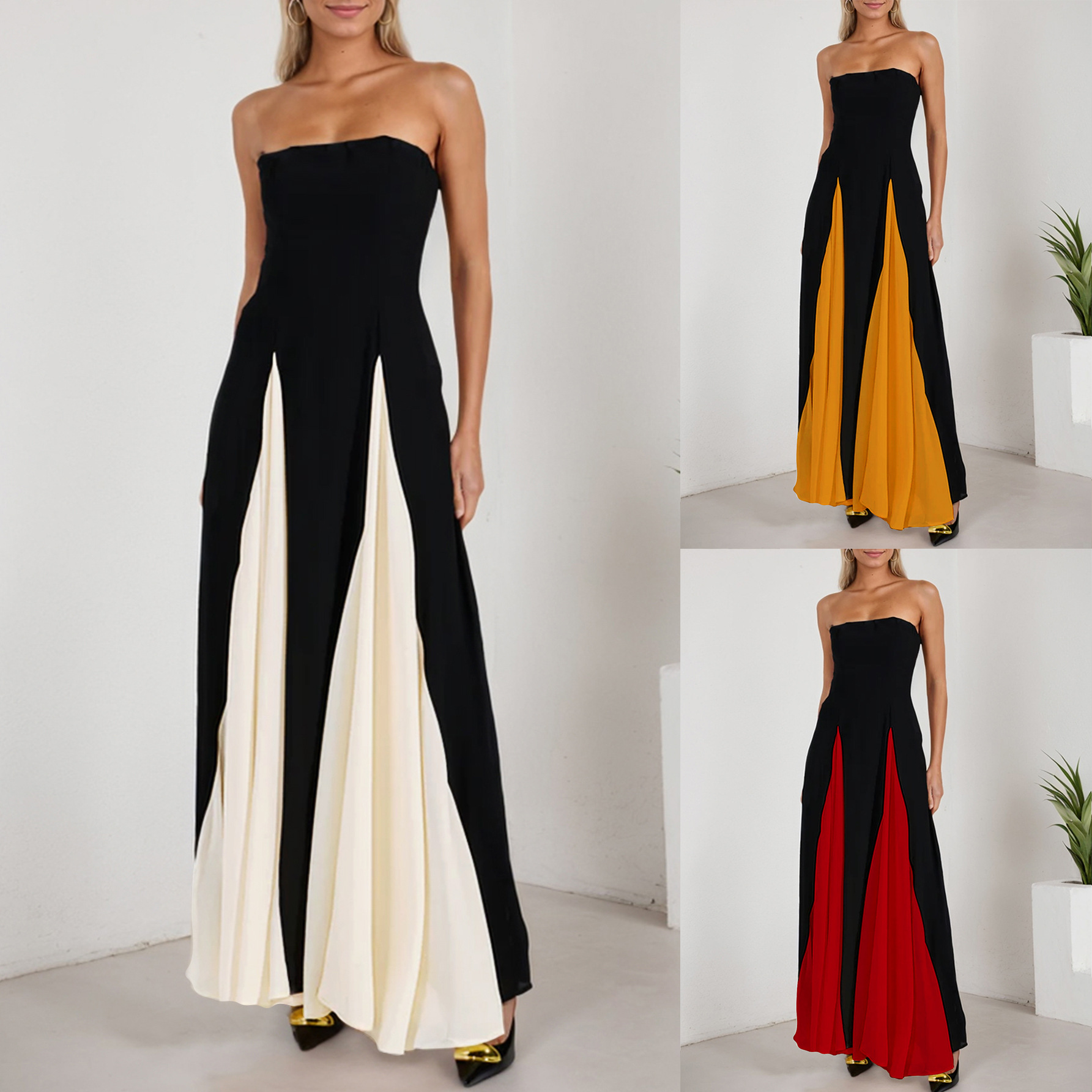 跨境欧美时尚女装 性感撞色拼接抹胸长裙 露肩修身晚礼服连衣裙