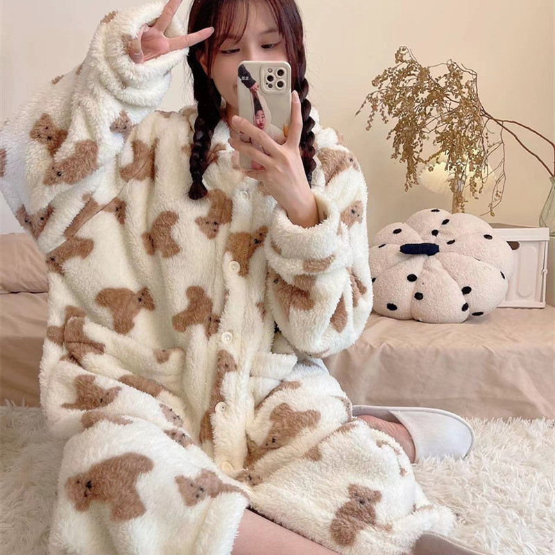 Coral pijamas camisón de invierno Albornoz de las mujeres engrosada de lana forrada cardigan camisón largo de franela de dibujos animados ropa de casa