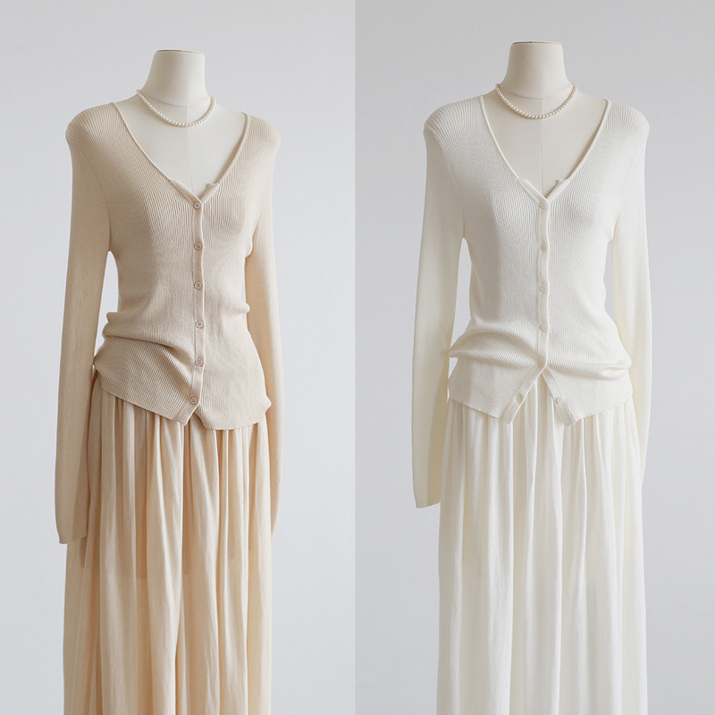 Spring and Summer fashionable commuter peach collar long-sleeved sweater shoulder perspective design thin Tencel cardigan solid color top