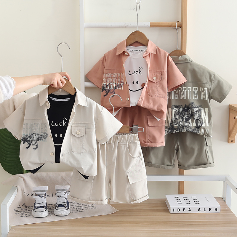 2025 Summer New Boys' Workwear Summer Wear Thin Short-sleeved Solid Color Shirt Three-piece Set for Baby Boys' Summer Clothes