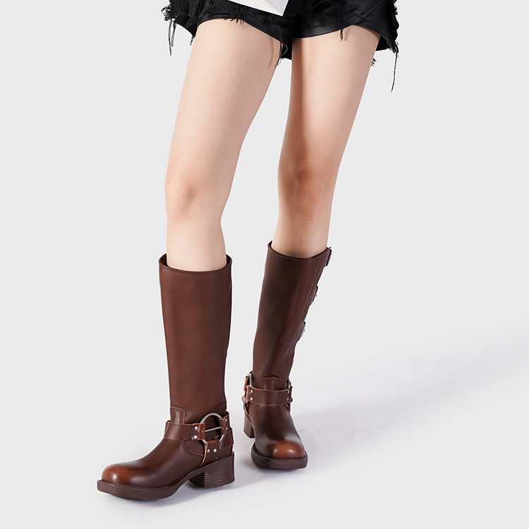 2023 Nouvelle botte de chevalier à tête carrée avec boucle de ceinture en métal à manches hautes pour femmes Asigo Same Western Cowboy_voghion.com