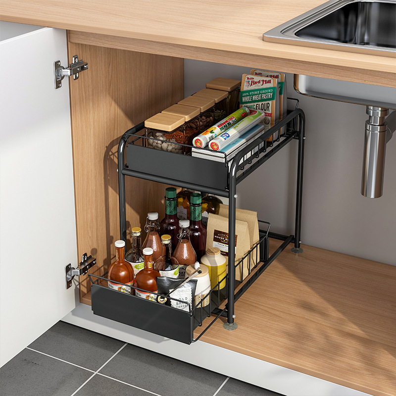 厨房下水槽置物架橱柜台下伸缩推拉分层调料架子卫生间用品收纳架|ru