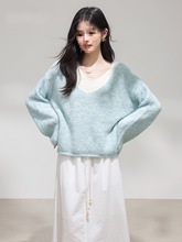 韩都衣舍拼色假两件V领针织毛衣女秋冬高级慵懒软糯宽松百搭上衣