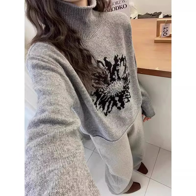 레트로 자카드 패턴 하이넥 스웨터 여성용 가을 겨울 신상 루즈핏 롤업 밑단 따뜻한 니트 스웨터 부드럽고 아늑한 분위기