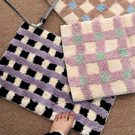 簇绒棋盘格植绒地毯家用浴室地垫吸水耐脏防滑垫少女卧室地毯加厚