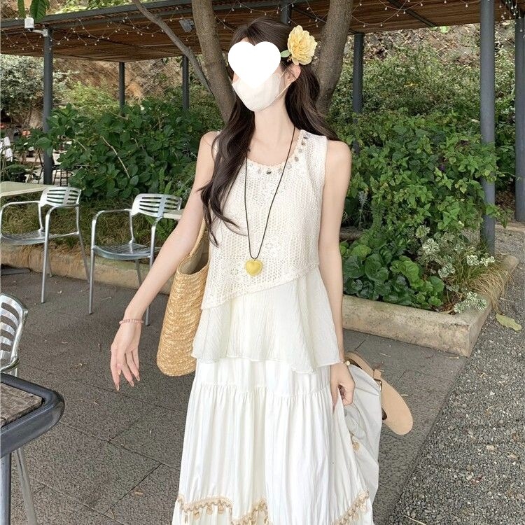 2026 Bohemian Vacation Style Two-Piece Camisole Set for Women, Sleeveless Top and High-Waisted Skirt Set