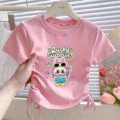 ガールズ Tシャツ巾着ピュアディザイア半袖トップ夏 2025 新しい中型および大型子供用インスタイルかわいいプリントトレンド