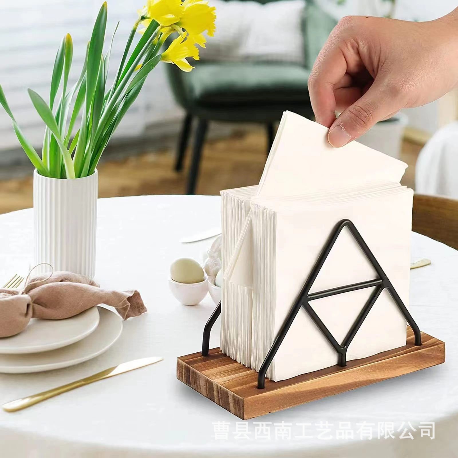 Cross-Border Wooden Napkin Holder, Vertical Retro Iron-Wood Combination Napkin Holder, Desktop Tissue Base for Cafes and Restaurants